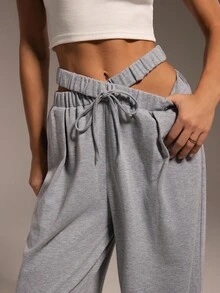 Hanevo Autumn/Winter New Casual Sports Loose Street Style Criss-Cross Hollow Waistband Straight Leg Relaxed Fit Women Long Sweatpants Fall Cloth For Women - Grey - View 5