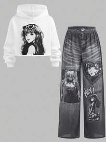 SHEIN Bộ quần áo hoodie và áo nỉ thoải mái, rộng rãi cho bé gái tuổi mới lớn - trắng - Xem 13