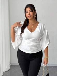 Elenzga Plus Size Women Waist Cinched Casual French Style Versatile T-Shirt - White - View 6