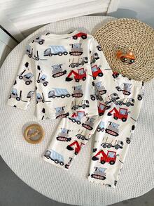 SHEIN Playful Pals 2件套幼儿男童圆领长袖针织汽车卡通图案毛绒面料睡衣套装 - 卡其色 - 查看 2