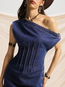 Easelle 休闲时尚不对称领口收腰女式牛仔连衣裙 - 深色水洗藍 - 查看 4