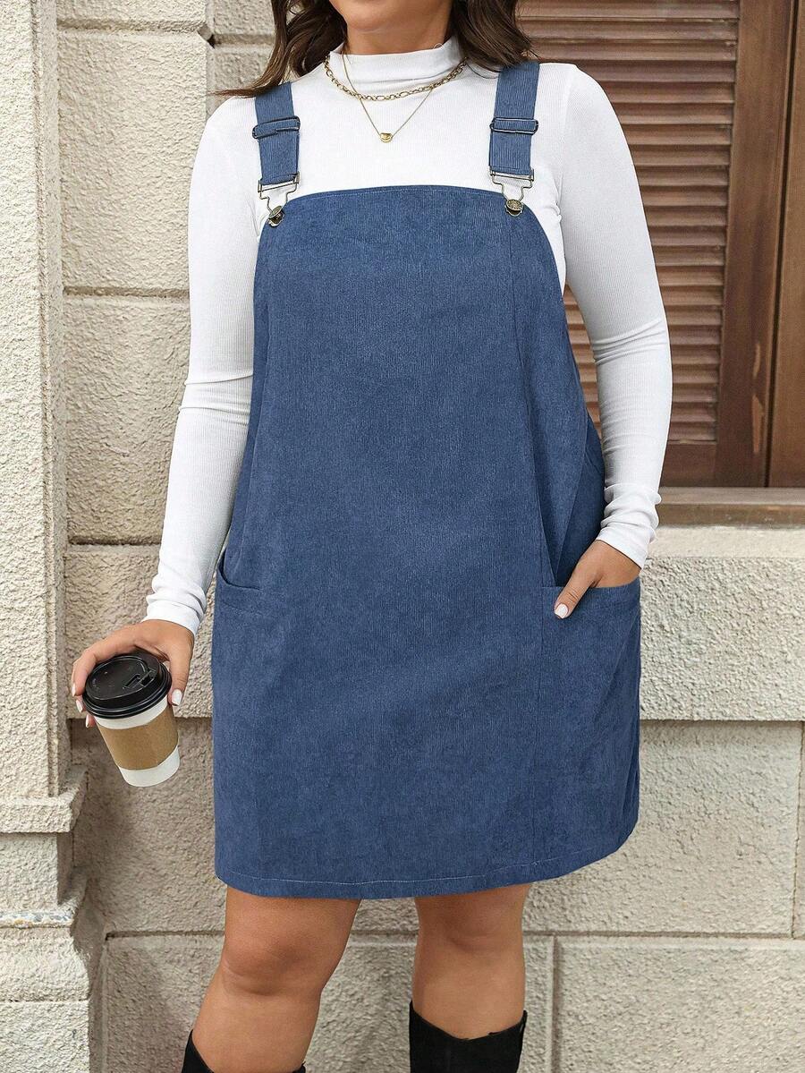 SHEIN LUNE 大码女式黑色灯芯绒连衣裙，带口袋和可调节肩带，女士连衣裙，Barnfit 感恩节服装，女士新年服装，冬季连衣裙，冬季服装，女士狂欢服装，毛衣裙 - 霧霾藍 - 查看 1