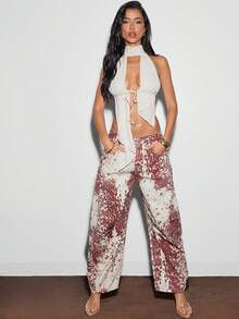 Denimoi 女士时尚街头风格全印花斜口袋牛仔裤 - 棕色 - 查看 2