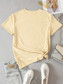 INAWLY 大码女式南瓜刺绣圆领宽松休闲短袖T恤 - 杏色 - 查看 2