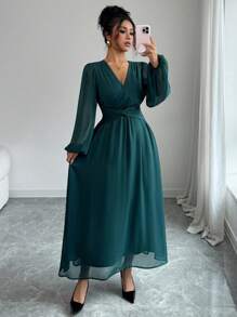 Elenzga Váy xếp ly voan cổ điển thanh lịch dành cho nữ, xếp ly chéo, eo xoắn, dáng chữ A, tay bồng, thích hợp cho tiệc trà chiều, tiệc tùng, phong cách đường phố vào mùa xuân, thu đông - Màu xanh lá cây đậm - Xem 8