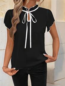 Solivie Fitted Women's Contrast Color Short Sleeve Blouse Summer For Women Teacher For Women Tie Neck Shirts Country Women Summer Women - Black - View 4