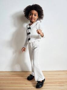 Maija Kids Maija Kids 2件套少女V领蝴蝶结装饰长袖T恤和裤子套装 - 白色 - 查看 3