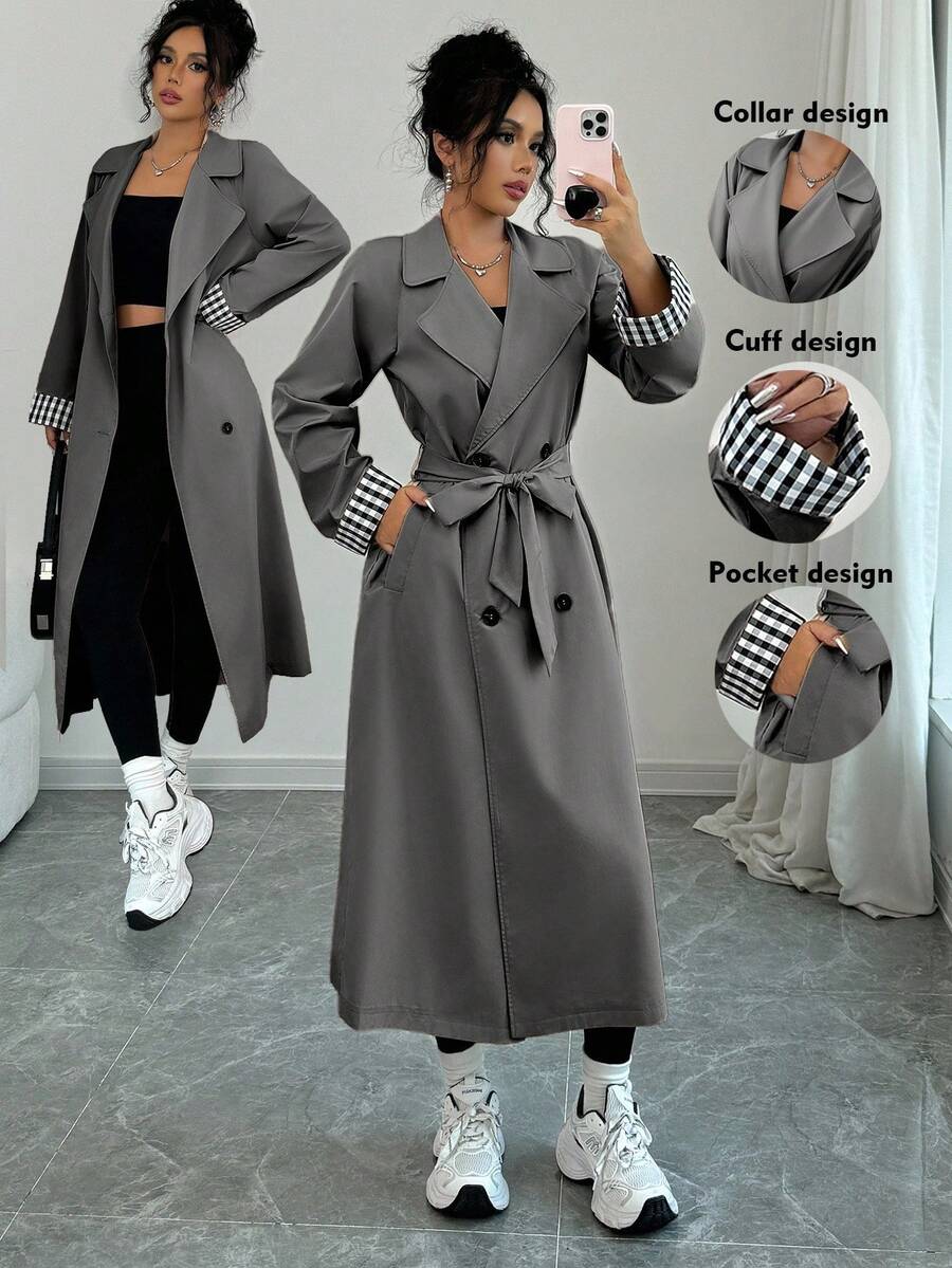 Rafferiza 宽松翻领双排扣长袖格子拼接女式风衣 - 灰色 - 查看 1