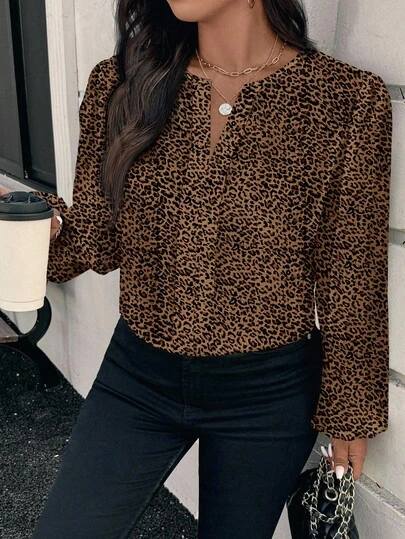 EMERY ROSE Tillbaka till skolan och lärardag, pendlarstil, avslappnad, elegant, vintage, leopardmönster, långärmad, plusstorleksskjorta, lämplig för höst/vinter
