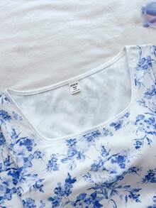 Teen Girls' Vacation Blue Floral Tie-Dye Print Square Neck Ruched Asymmetric Hem Long Sleeve Top And Mini Ruched Bodycon Skirt Set - Blue and White - View 3