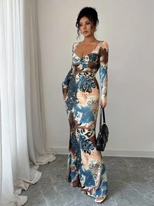 Rafferiza 优雅合身豹纹鱼尾连衣裙，正面扭纹细节，长袖 - 彩色 - 查看 3