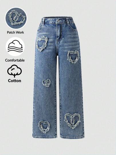 SHEIN Girls' Loose Fit Comfortable Wide Leg Heart Embroidered Jeans
