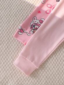 2pcs/Set Young Girl' Rabbit Pattern High Stretch Long Sleeve Jumpsuit Pajama Set  Snug Fit Fall Winter - Pink - View 5