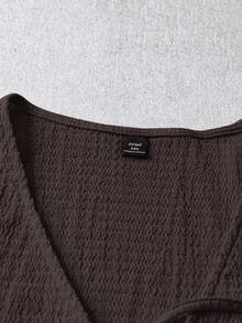 SHEIN LUNE 大码女式纯色前系带短袖休闲上衣 - 巧克力棕 - 查看 5