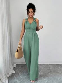 Rafferiza V领系腰阔腿连体裤，蓝色，女式连体衣，休闲夏装，女士度假装