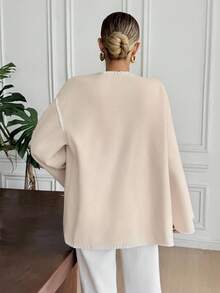 Serisse 女式落肩长袖金属单排扣宽松休闲人字纹饰边夹克 - 杏色 - 查看 2