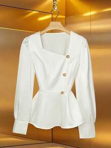 SHEIN Clasi Women's Elegant Satin White Gold French Retro Square Collar Long Sleeve Metal Button A-Line Office Commuter Blouse,Autumn Fall Cloth - White - View 1
