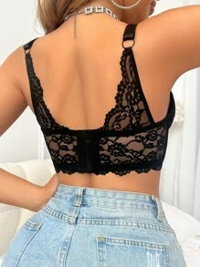 SHEIN 1pc Women's Lace Butterfly Rhinestone Decor Underwire Bra,Push Up Bralette Lingerie Set For Summer Stronger Support & More Gathering - Black - View 2