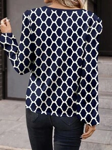 SHEIN Clasi 休闲简约几何图案长袖女衬衫，适合春秋季 - 藏蓝色 - 查看 2