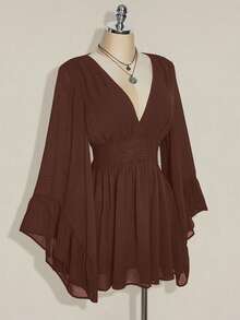 SHEIN ICON Váy chữ A cổ chữ V, eo nhún cỡ lớn, tay loe, phong cách Boho, Hippie, Y2K, phù hợp cho mùa hè, phong cách du mục, kỳ nghỉ hè, lễ hội âm nhạc, lễ tốt nghiệp và mùa tựu trường - màu nâu - Xem 4