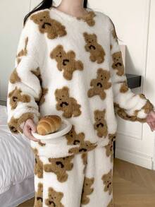 SHEIN 2pcs/Set Teen Girl Cute Bear Pattern Crew Neck Long Sleeve Top And Soft Fleece Pajama Pants, Comfortable Sleepwear Set For Autumn/Winter Fuzzy Pajamas Fluffy Pajamas Teen Girl Fluffy Matching Pjs Bear Clothes Teddy Bear Pajamas Fall Bear Print Pajamas Fluffy Pajama Pants - Mocha Brown - View 6