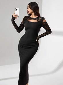 Modelyn 女士蕾丝镂空黑色长袖连衣裙 - 黑色 - 查看 4