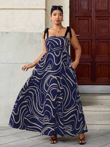 Easura Große Größen Midi-Kleid für Damen mit neuen schwarz-weißen Streifen und Schleife in Taillenhöhe, geeignet für Urlaub und Business-Casual