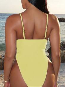 Swim SXY 女士夏季海滩装：纯色性感不对称海星装饰细肩带露背连体泳衣 - 黃色 - 查看 2