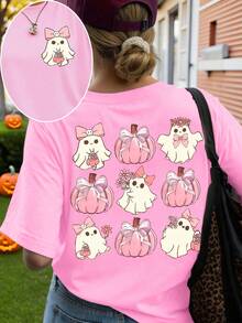 EMERY ROSE Plus Size Halloween T-Shirt, Plus Size Graphic Tee For Streetwear, Short Sleeve Cute Summer Top - Pink - View 5