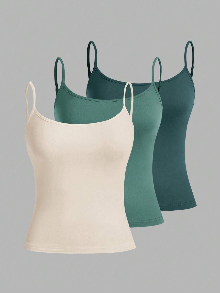 SHEIN EZwear 3 件套女士细肩带短款紧身背心，蓝色、白色、杏色，适合夏季 - 彩色 - 查看 1