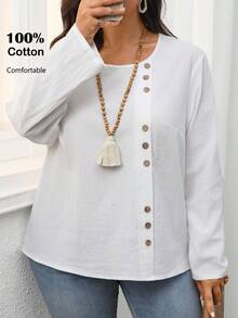 EMERY ROSE Áo sơ mi nữ cổ tròn tay dài cài nút màu trơn màu trắng cỡ lớn, thường ngày mùa thu/đông, đi chơi, mới 2025, mùa thu, tiệc tùng toàn màu trắng - trắng - Xem 3