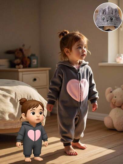 Pijama de una pieza con estampado de corazones gris y rosa de manga larga para bebé niña