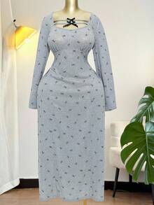 Modelyn Plus Size Long Sleeve Bow Print Casual Summer Dress - Grey - View 1