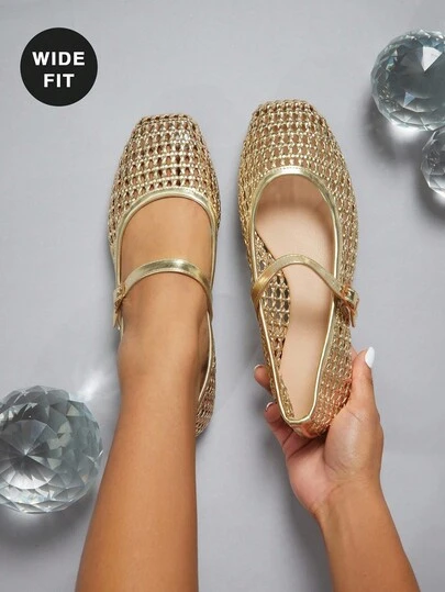 SHUZIA Bailarina de mujer de corte ancho, casual, de PU tejido con punta cuadrada, cómoda estilo Mary Jane