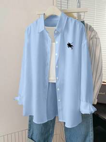 INAWLY Women's Knight Print Single-Breasted Casual Loose Long Sleeve Shirt