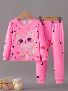 2 pièces Ensemble de pyjama ajusté avec imprimé chat mignon et cœur qui brille dans le noir, haut à manches longues et pantalon - Rose bonbon - Voir 3