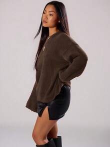 MUSERA Mohair Oversized Crew Neck Jumper Spring   Casual Cute Airport Fall Back To School Autumn Winter Everyday  Elegant Evening Party  Sweater - Chocolate Brown - View 5