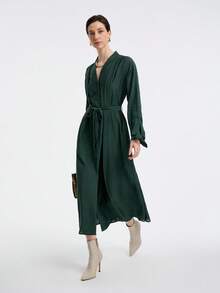 Aalyst Rochie de damă cu mânecă lungă și decolteu în V, cu volane pe umeri, talie legată și manșete cu nasturi, elegantă și versatilă pentru birou sau vacanță, potrivită pentru primăvară, toamnă și iarnă - Verde inchis - Vizualizare 3