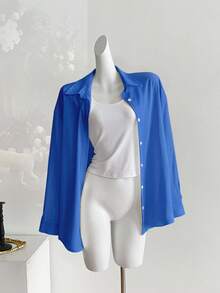 INAWLY Camisa casual de manga larga, de un solo pecho, de unicolor y holgada para mujer - azul real - Ver 5