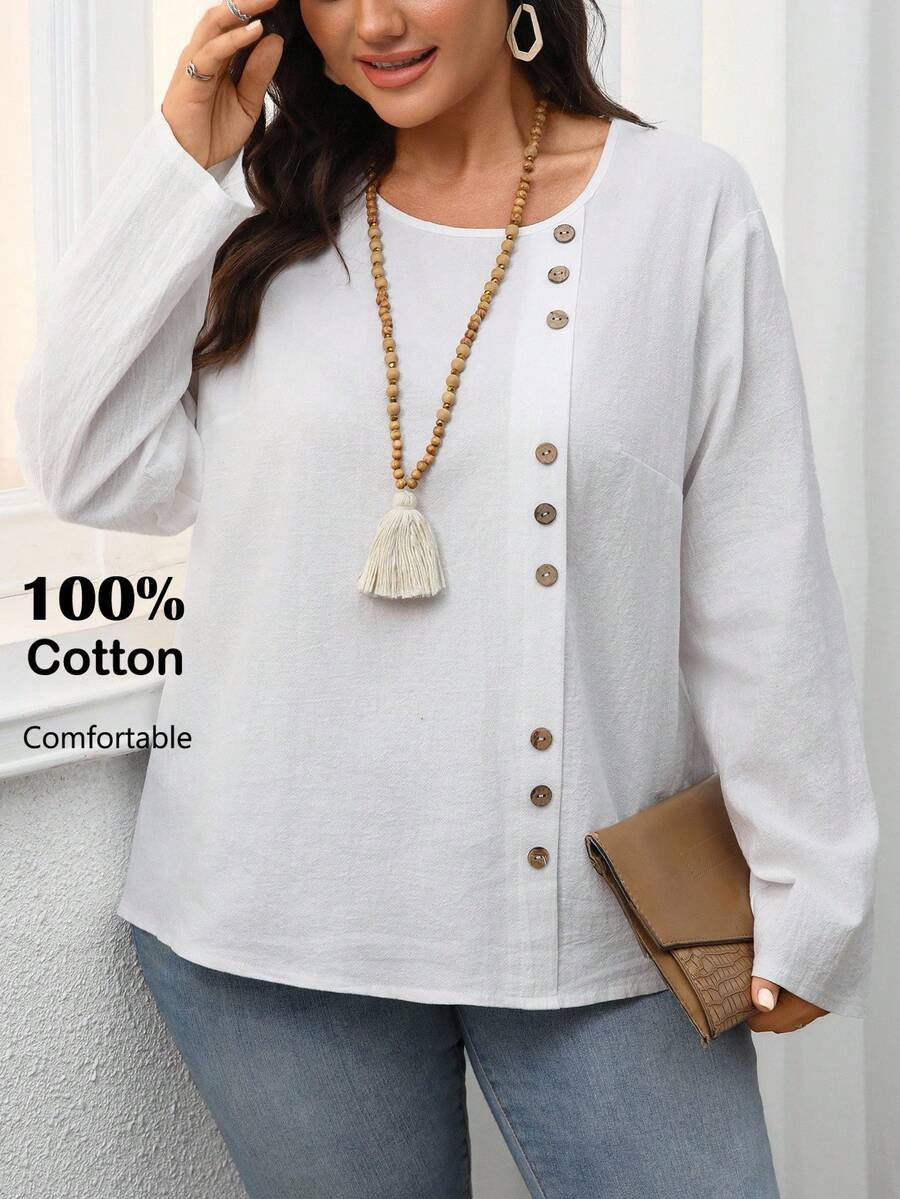 EMERY ROSE Áo sơ mi nữ cổ tròn tay dài cài nút màu trơn màu trắng cỡ lớn, thường ngày mùa thu/đông, đi chơi, mới 2025, mùa thu, tiệc tùng toàn màu trắng - trắng - Xem 1