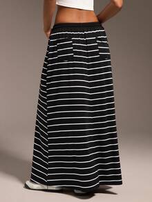 Hanevo Casual Elastic Waist Striped Pocket Skirt, Suitable For Sports, Commuting And Outings Fall Cloth For Women