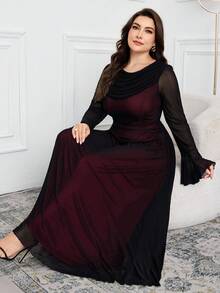 Modelyn 大码女式撞色垂坠领口网眼拼接喇叭袖优雅连衣裙 - 黑色 - 查看 6