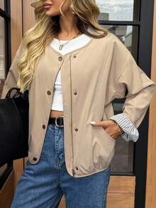 SHEIN LUNE Women Casual Striped Patchwork Basic Long Sleeve Jacket Coat, Everyday Wear For Autumn/Winter Casual Tops Fall Women Going Out Tops Women Going Out Back To School Teacher For Women Going Out Tops Women Back To School Winter For Women Office For Women Streetwear Work For Women Teacher Airport For Women Going Out Fall For Women Casual Women Winter For Women Cropped Jacket Preppy Jacket