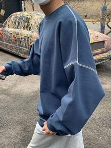 SHEIN 青少年男孩休闲韩版宽松撞色圆领卫衣，适合通勤、上学、日常休闲装、运动、秋冬