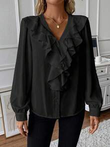 EMERY ROSE Ruffle Trim Lantern Sleeve Blouse Women Shirt Fall Cloth For Women - Black - View 4