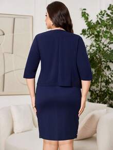 Ellevyn 大码优雅通勤纯色夹克和亮片连衣裙套装 - 藏蓝色 - 查看 11