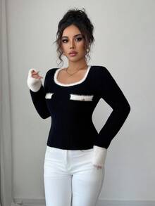 Elenzga Suéter elegante de punto con diseño de bolsillo falso para mujer, de alta calidad y gracia - Negro - Ver 3