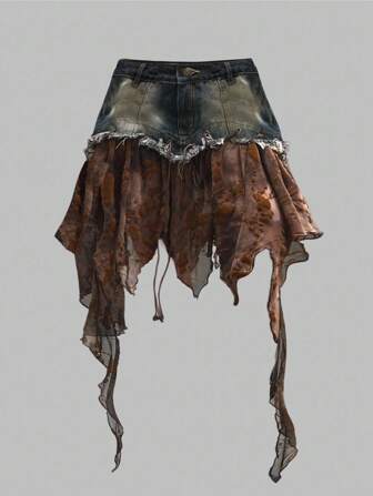 Grunge Punk Gonna di jeans mini asimmetrica con arricciature, applicazioni floreali e laccetti in stile retrò punk grunge per donne, in stile Y2K