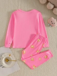 2 Piece Sets Snug Fit Night Wear Kids Young Girl' Navy Blue Minimalist Allover Heart, Star, Deer Print Long Sleeve Top And Leggings 2 Pieces Pajama Set,Snug Fit Fall Winter .This Product Requires UV Light Exposure To Glow. - Pink - View 2