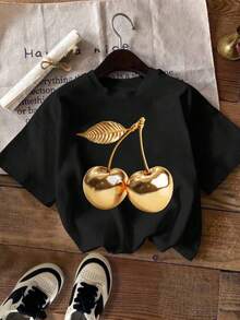 大码图案 T 恤、街头风格短袖 T 恤、可爱夏季上衣、度假风 - 黑色 - 查看 4